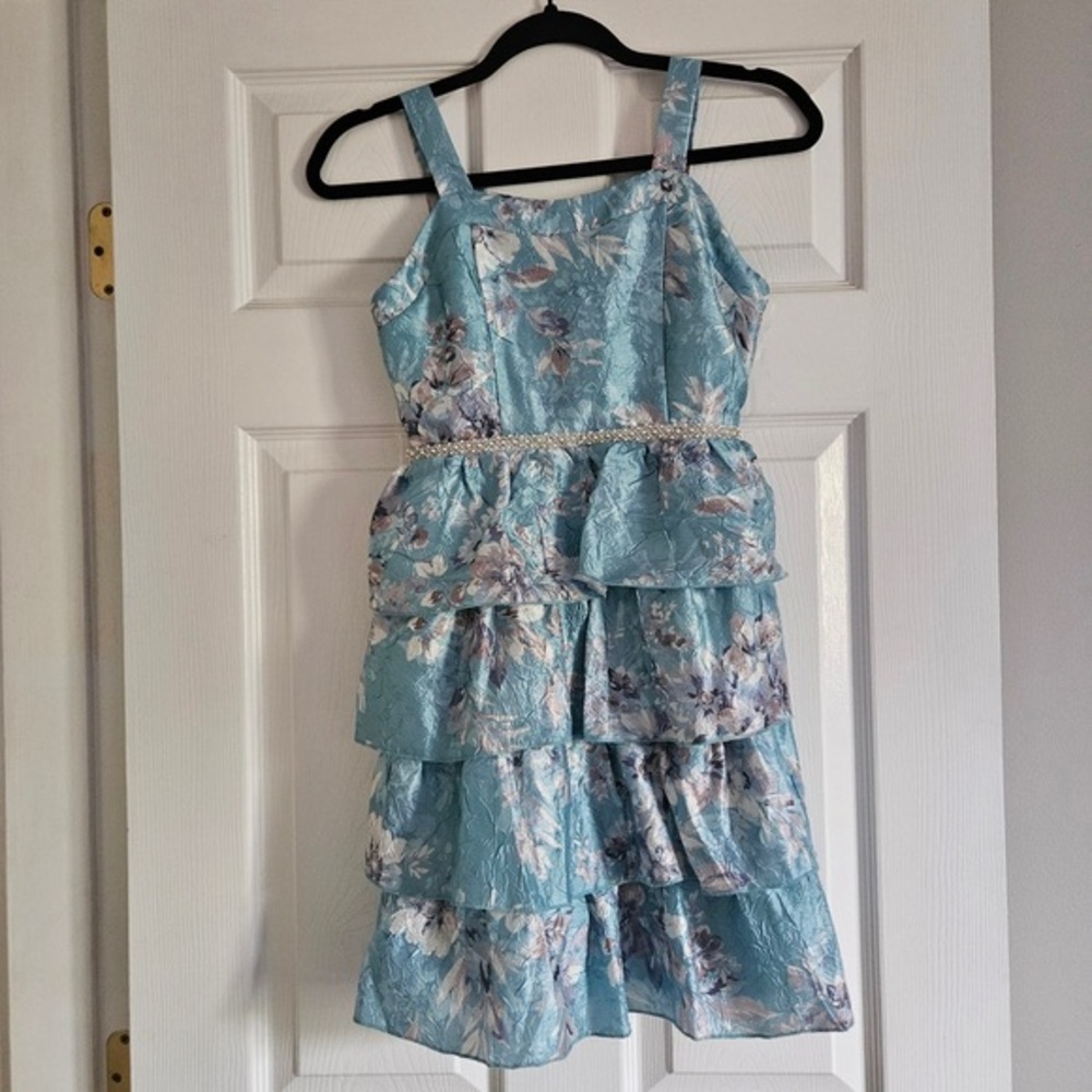 Speechless Light Blue Floral Tiered Dress with Pearl Waist